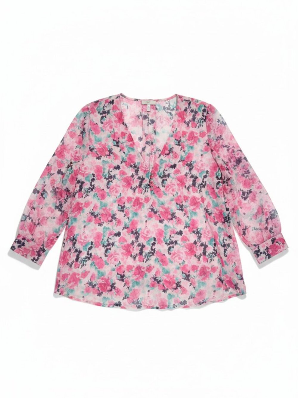 Joie Floral Silk Blouse Pink Coral Mint Green Long Sleeve V-Neck Button front